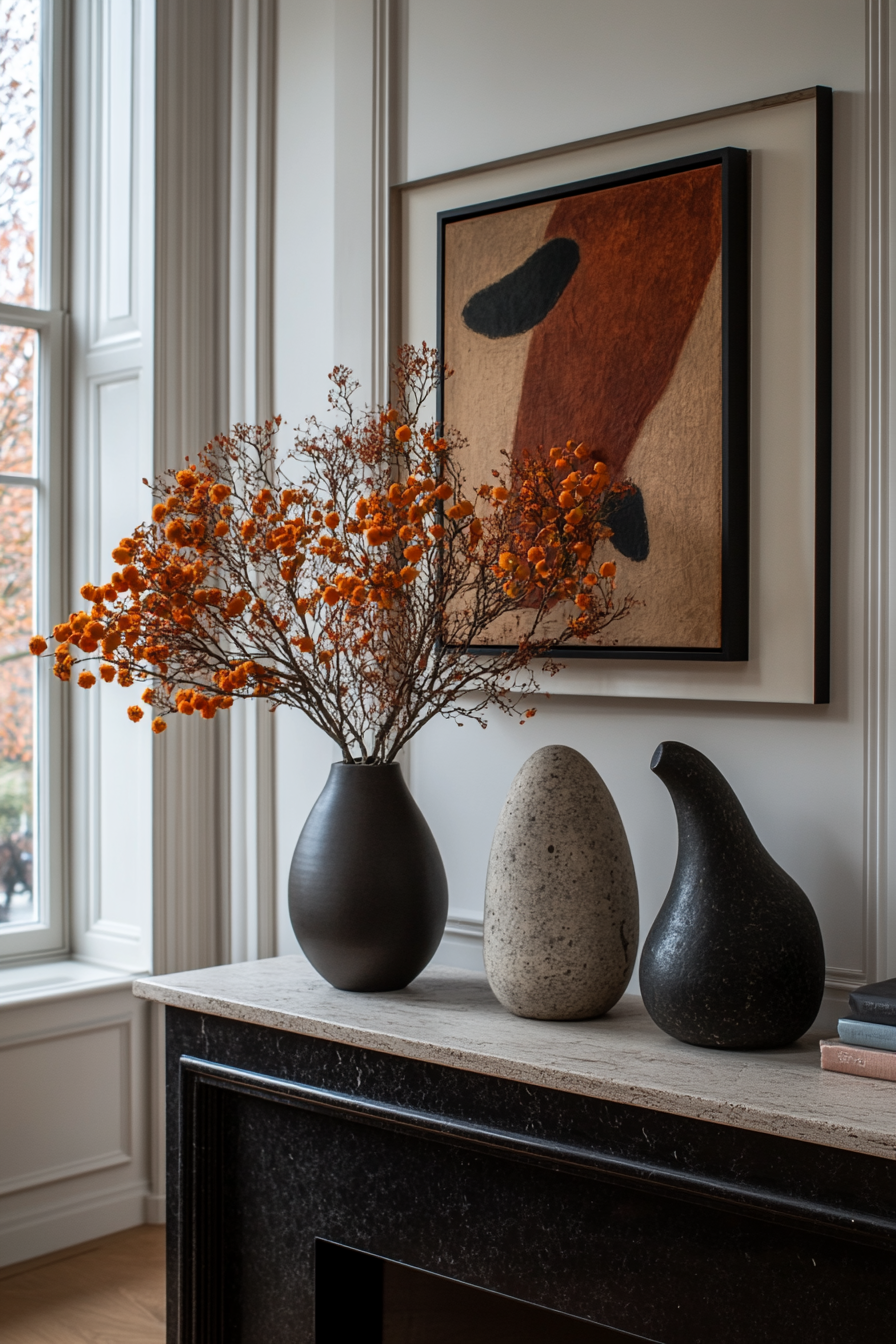 Bold pieces and neutral items on avant-garde mantel