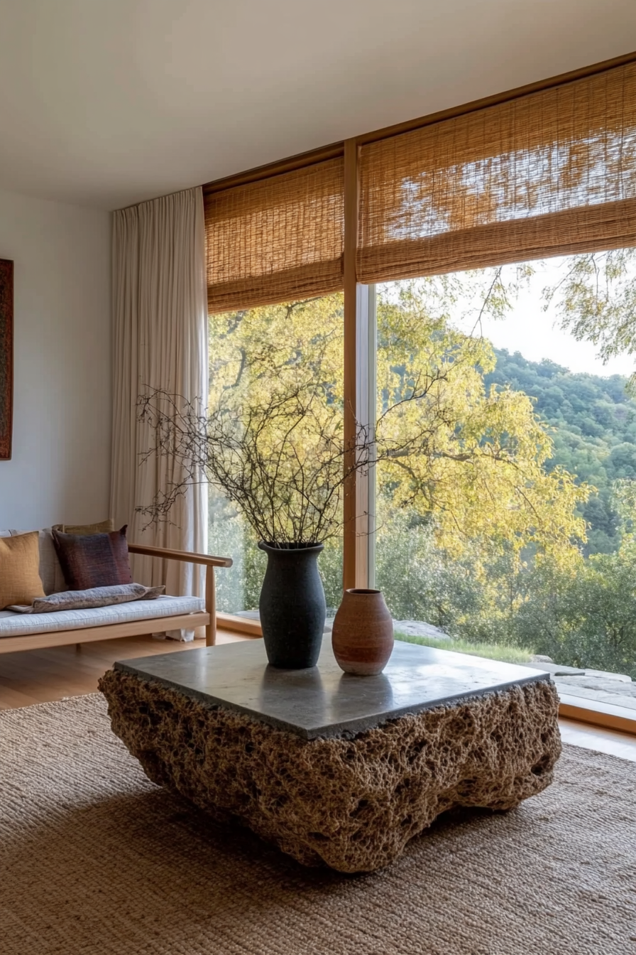 Natural materials like wood, stone, clay, and linen in home decor