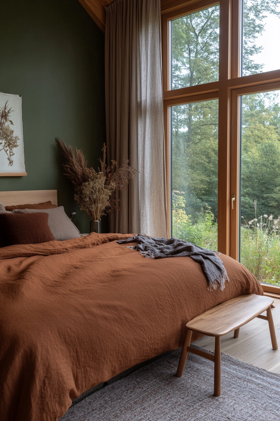Earthy tones like soft browns, muted greens, and warm grays in home decor