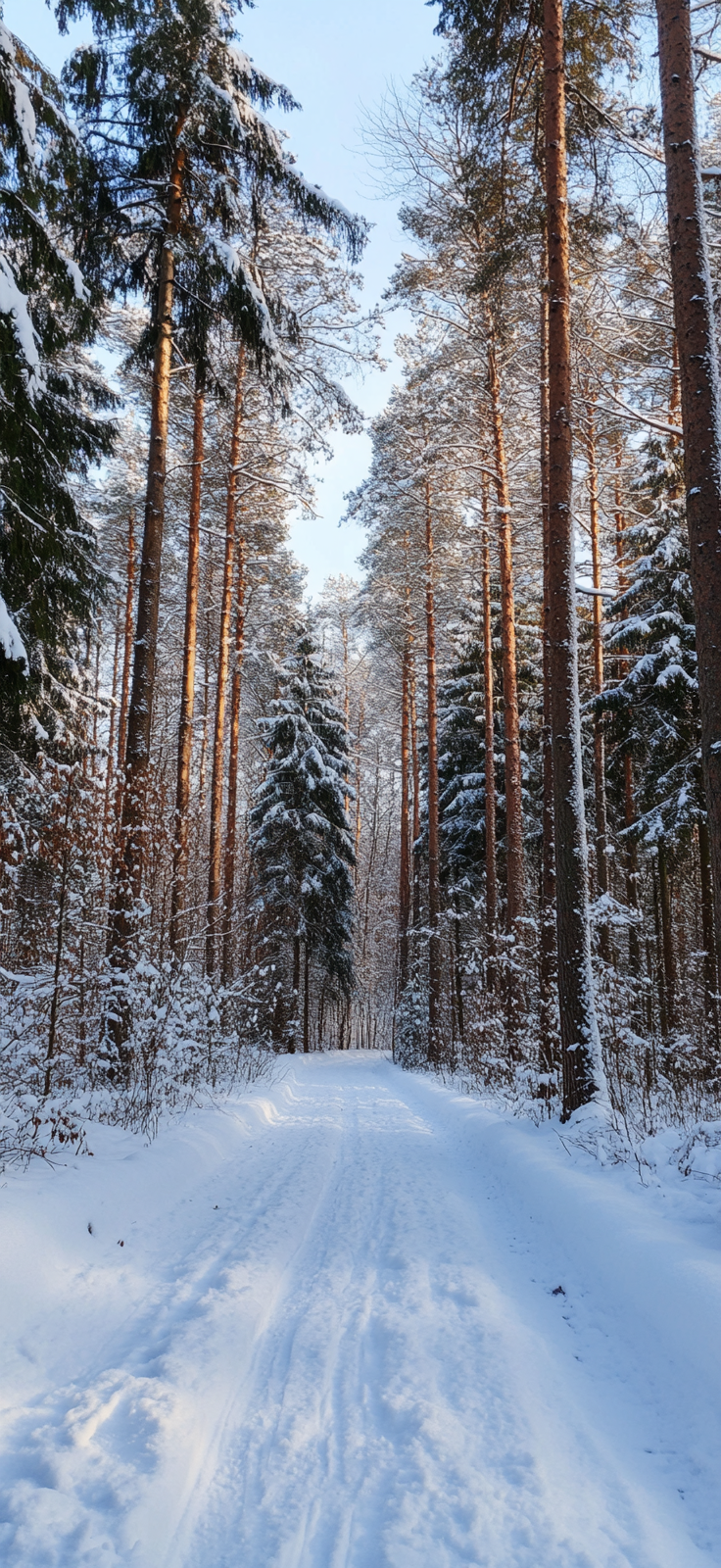 snow-covered forest with trees and soft snowflakes