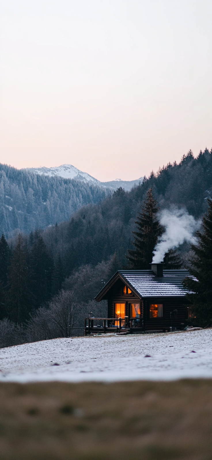 snowy cabin with warm lights inside