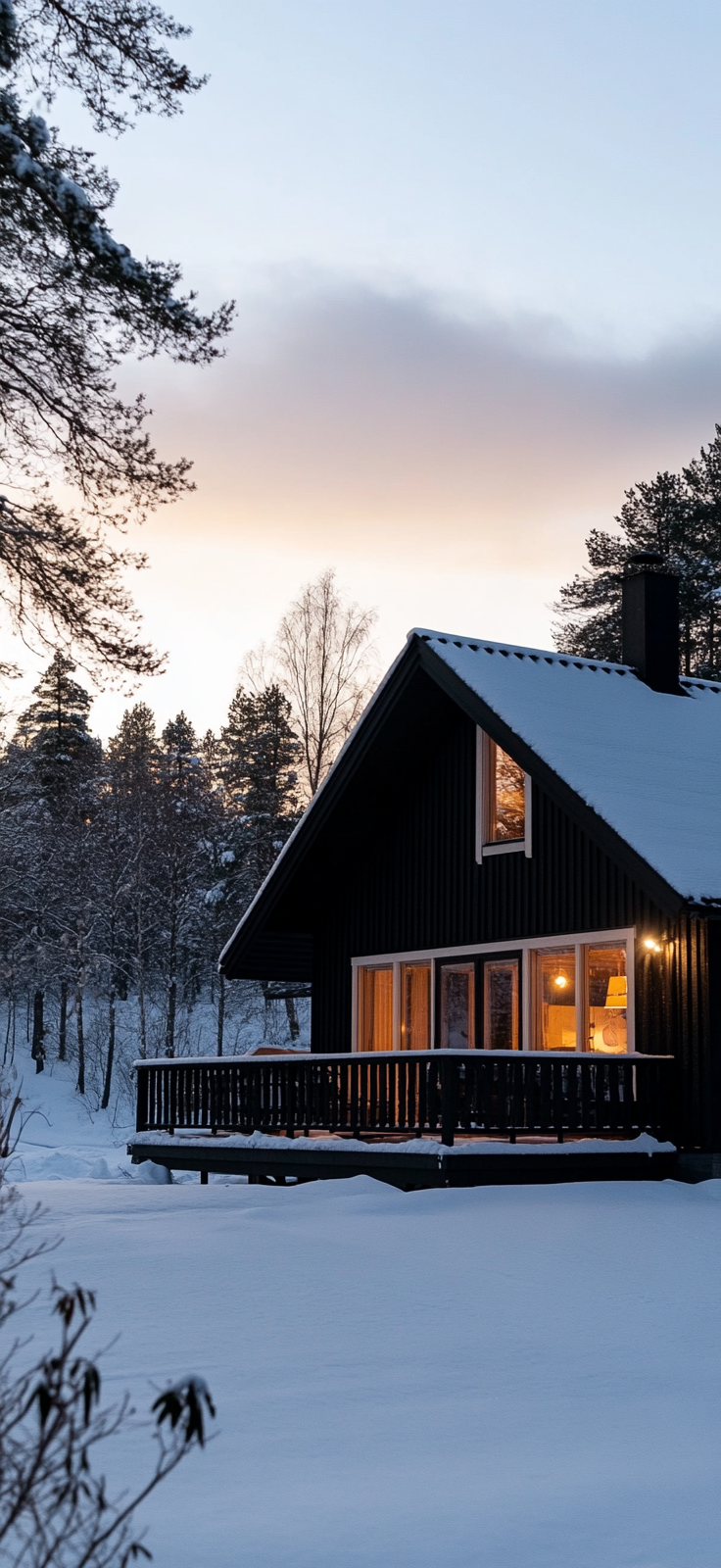 rustic log cabin surrounded by snow