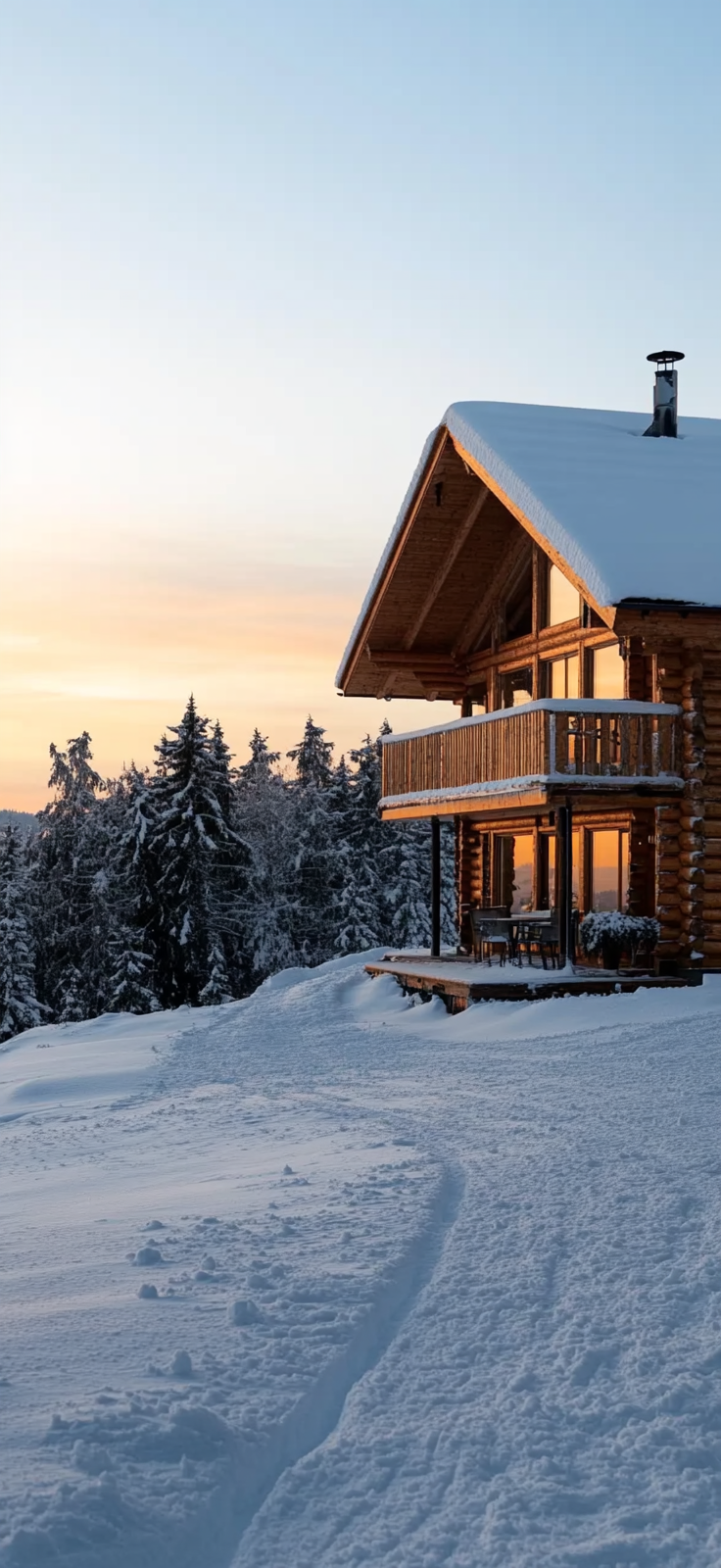 cabin in the snow at dusk