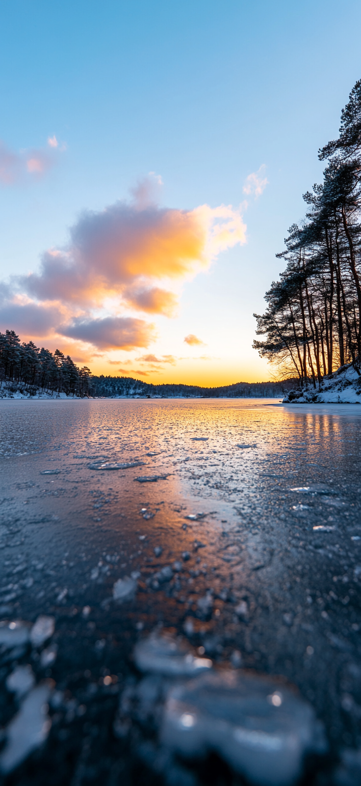 frozen lake at sunrise with soft colors