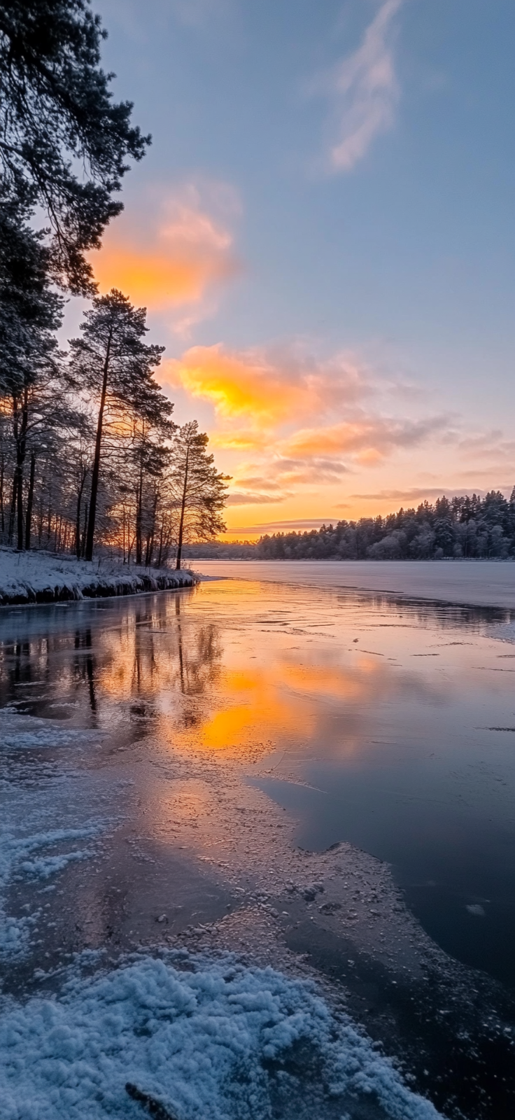 serene frozen lake surrounded by snow