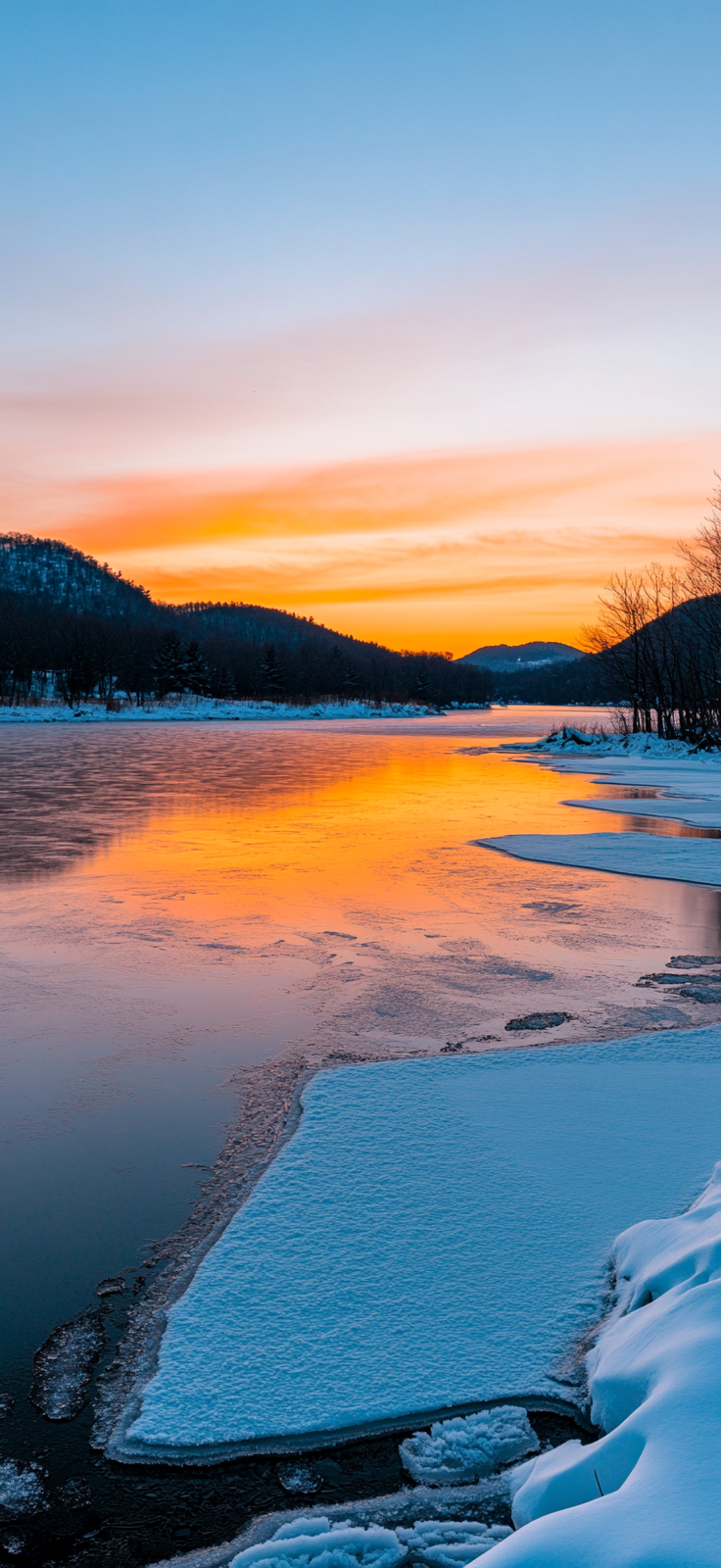 frozen lake with sunrise reflecting on the ice