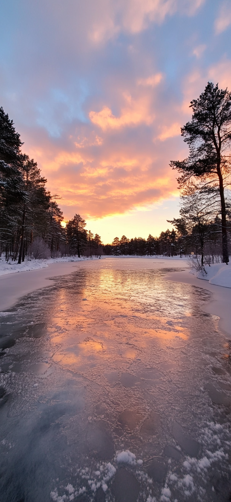 frozen lake surrounded by snowy trees at sunrise