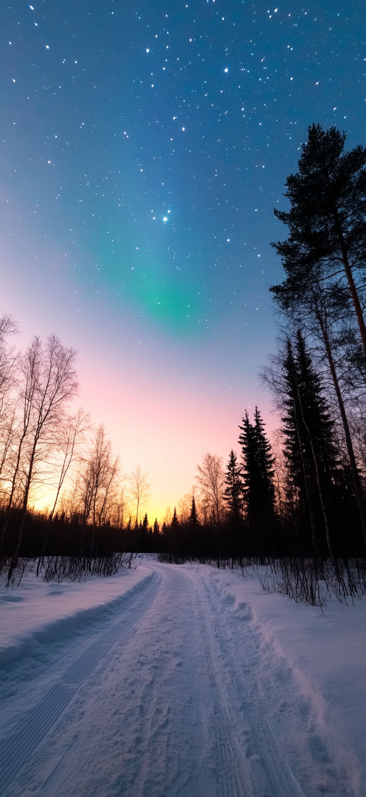 Northern Lights casting glow over snow-covered forest