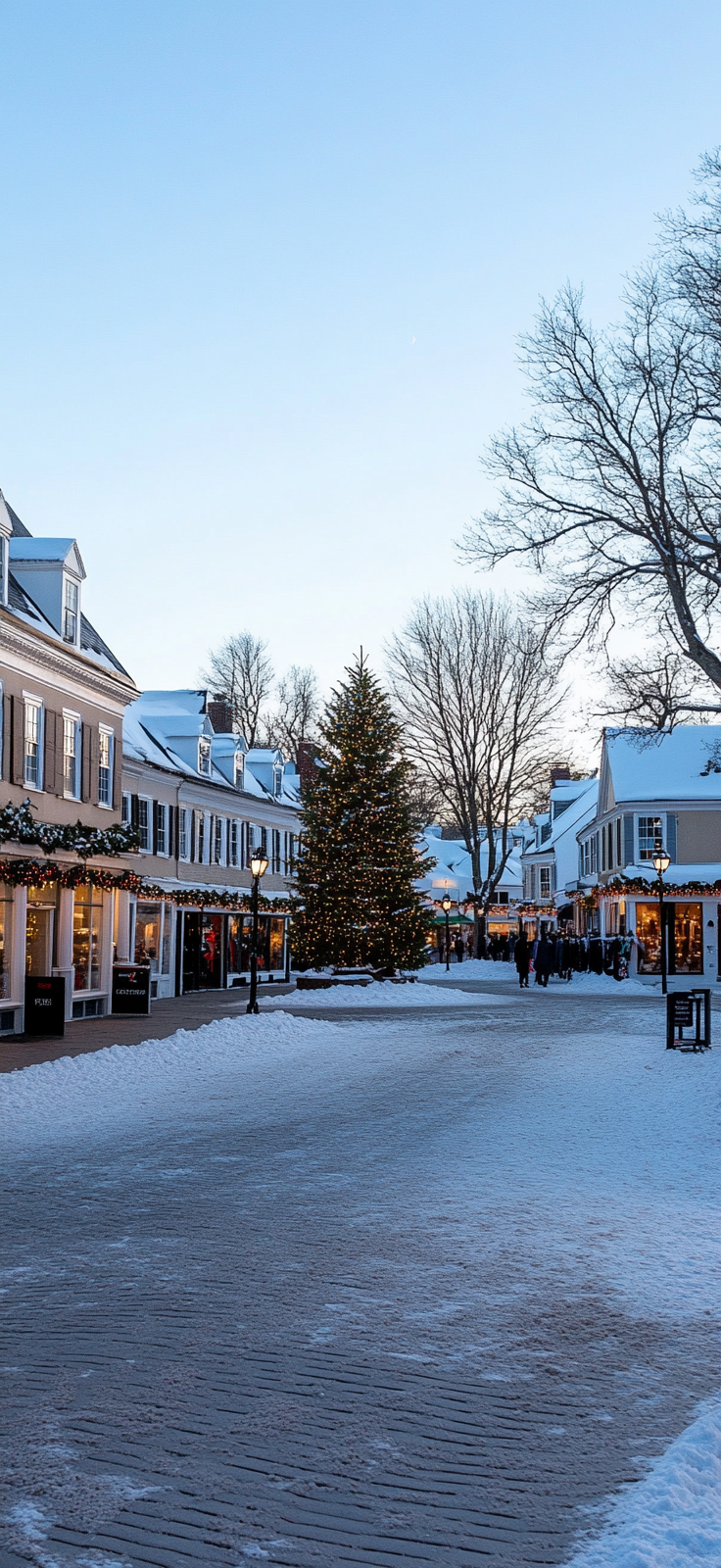 snow-covered town square with holiday lights