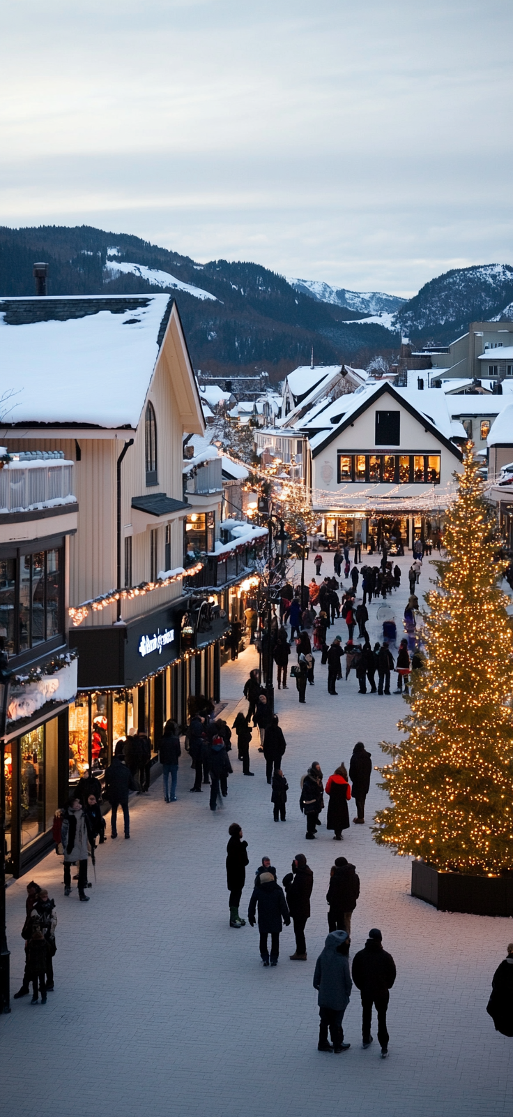 festive town square covered in snow
