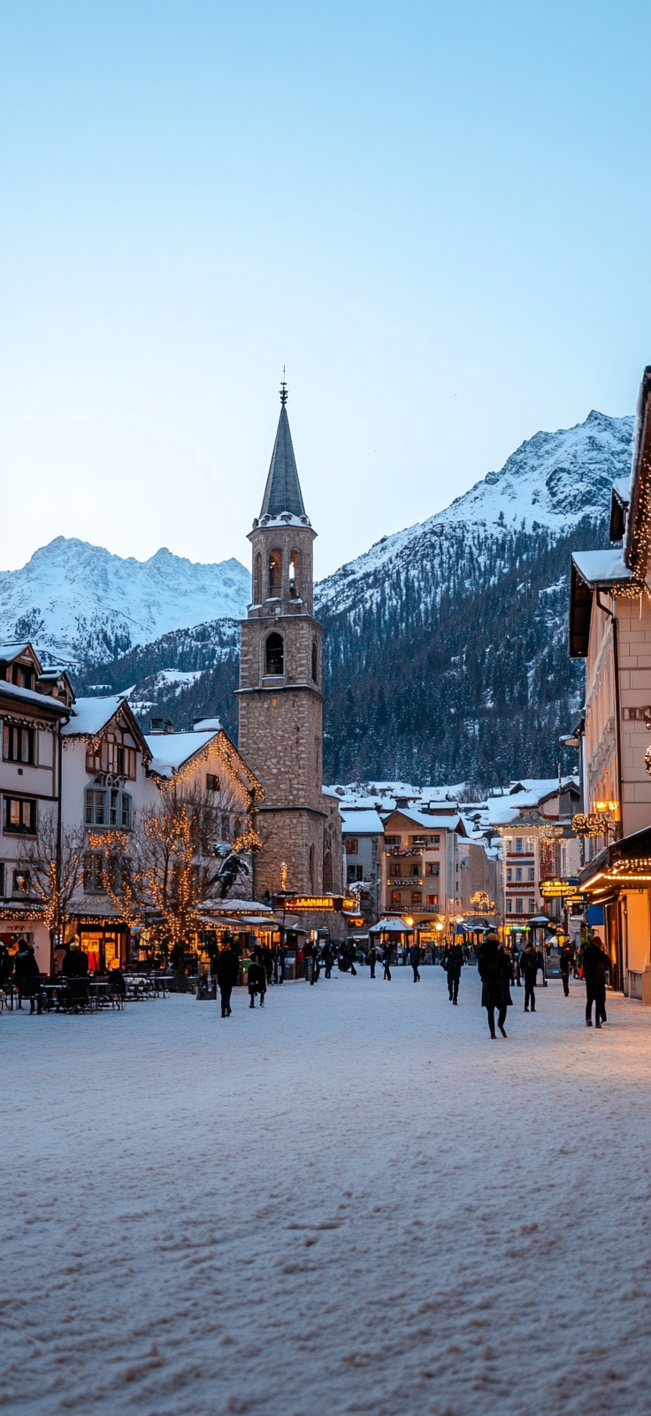 holiday decorations in a snow-covered town square