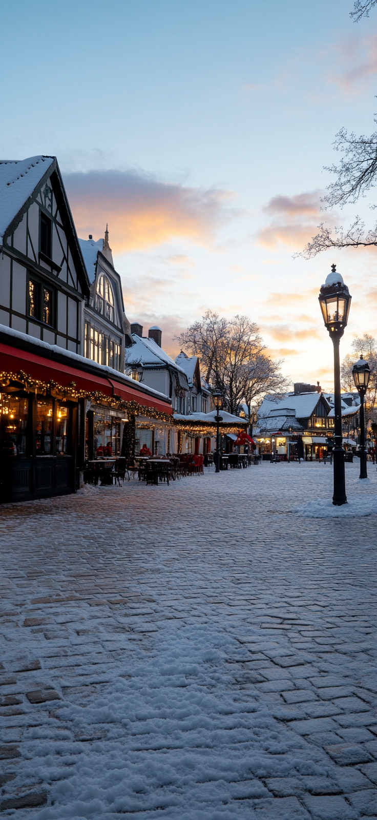 quaint snow-covered town with holiday lights
