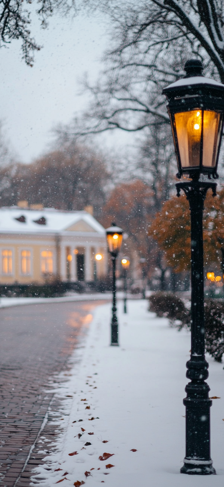 town square covered in snow and holiday decorations