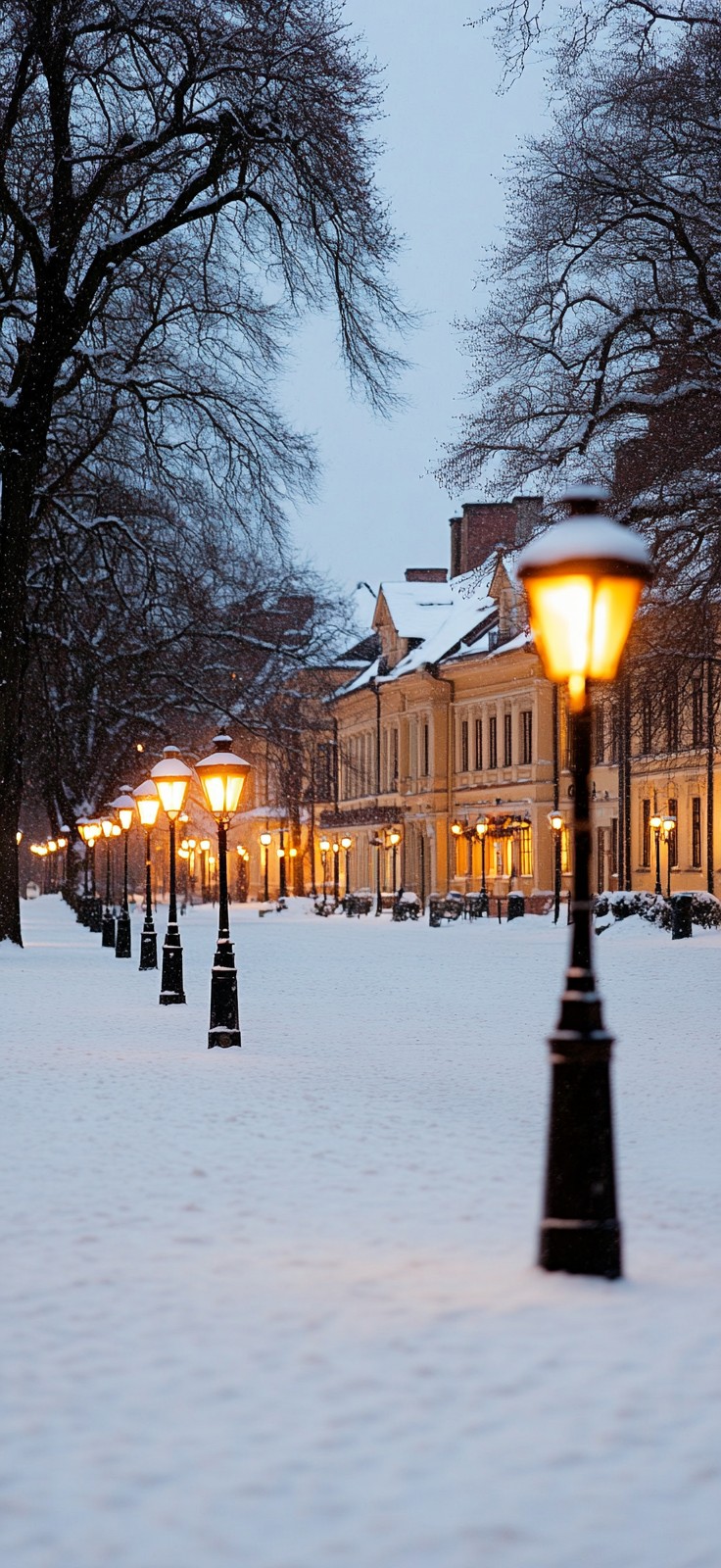 snow-covered town square with festive decorations