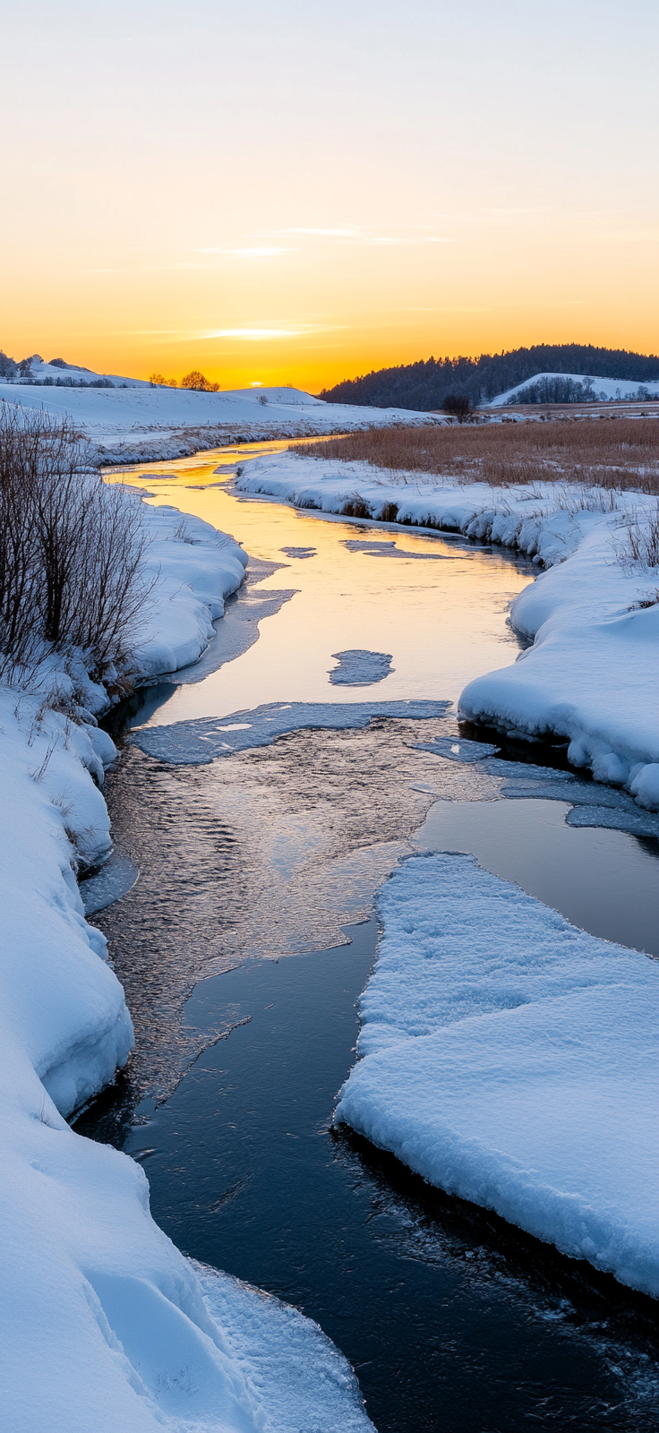 partially frozen river with snowy banks