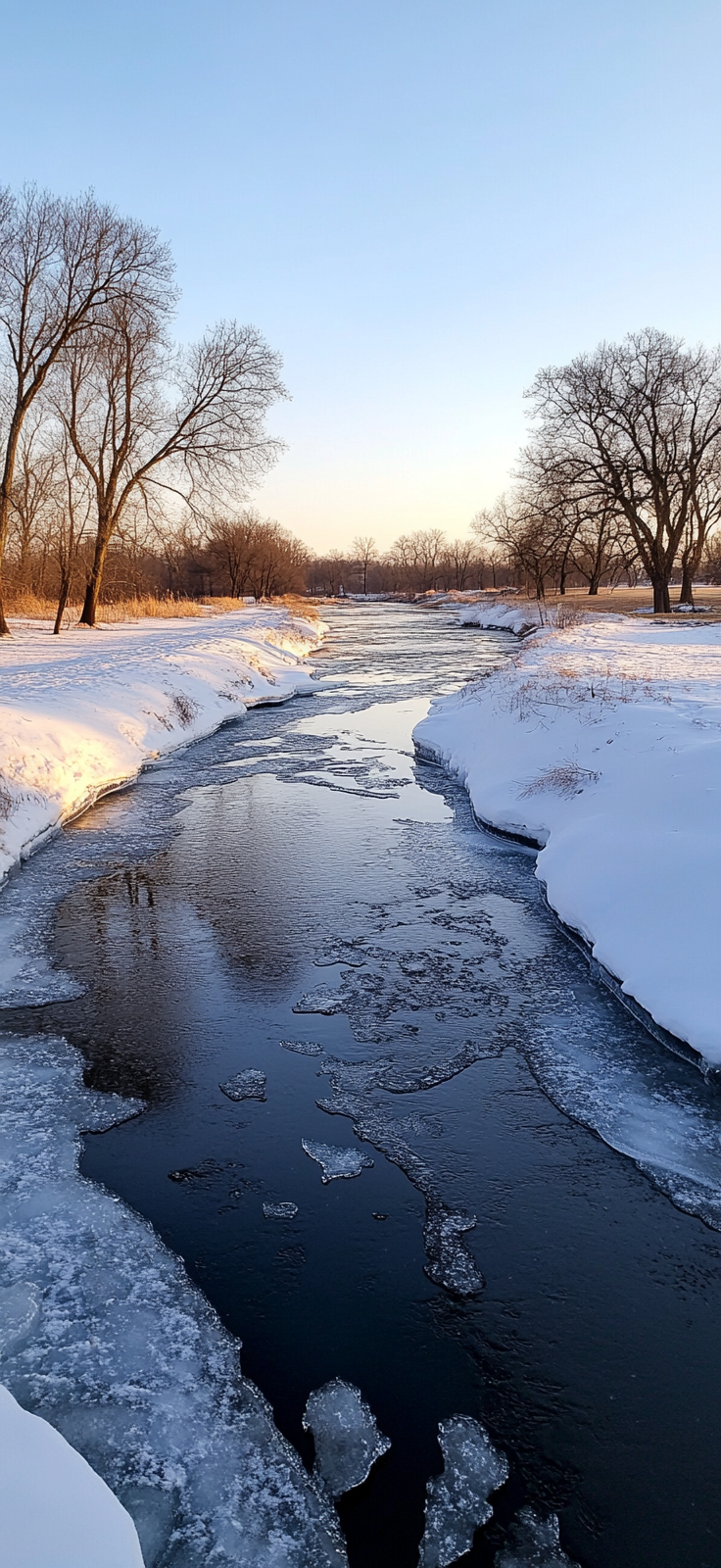 frozen river with chunks of ice floating