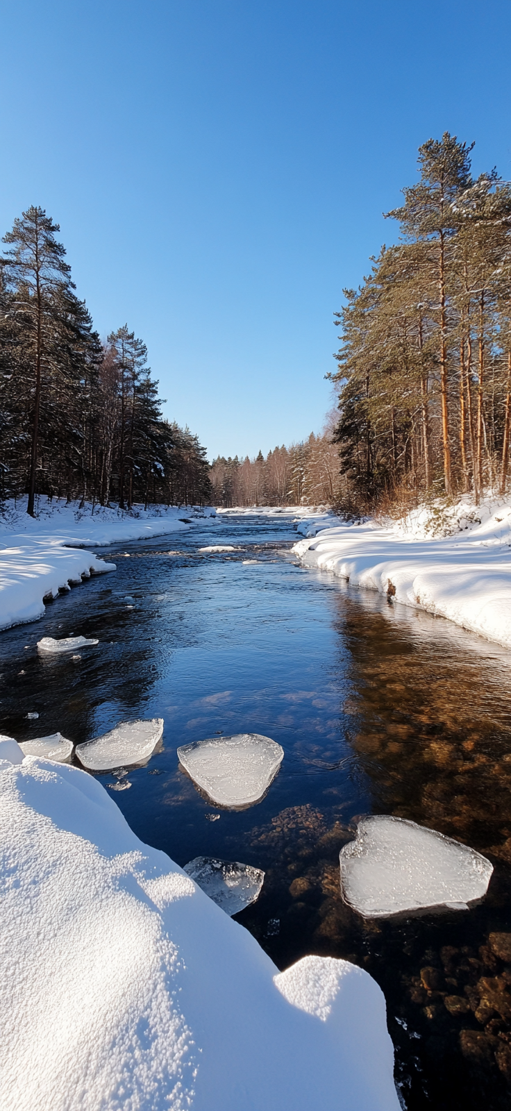 river partially frozen with snow-covered banks