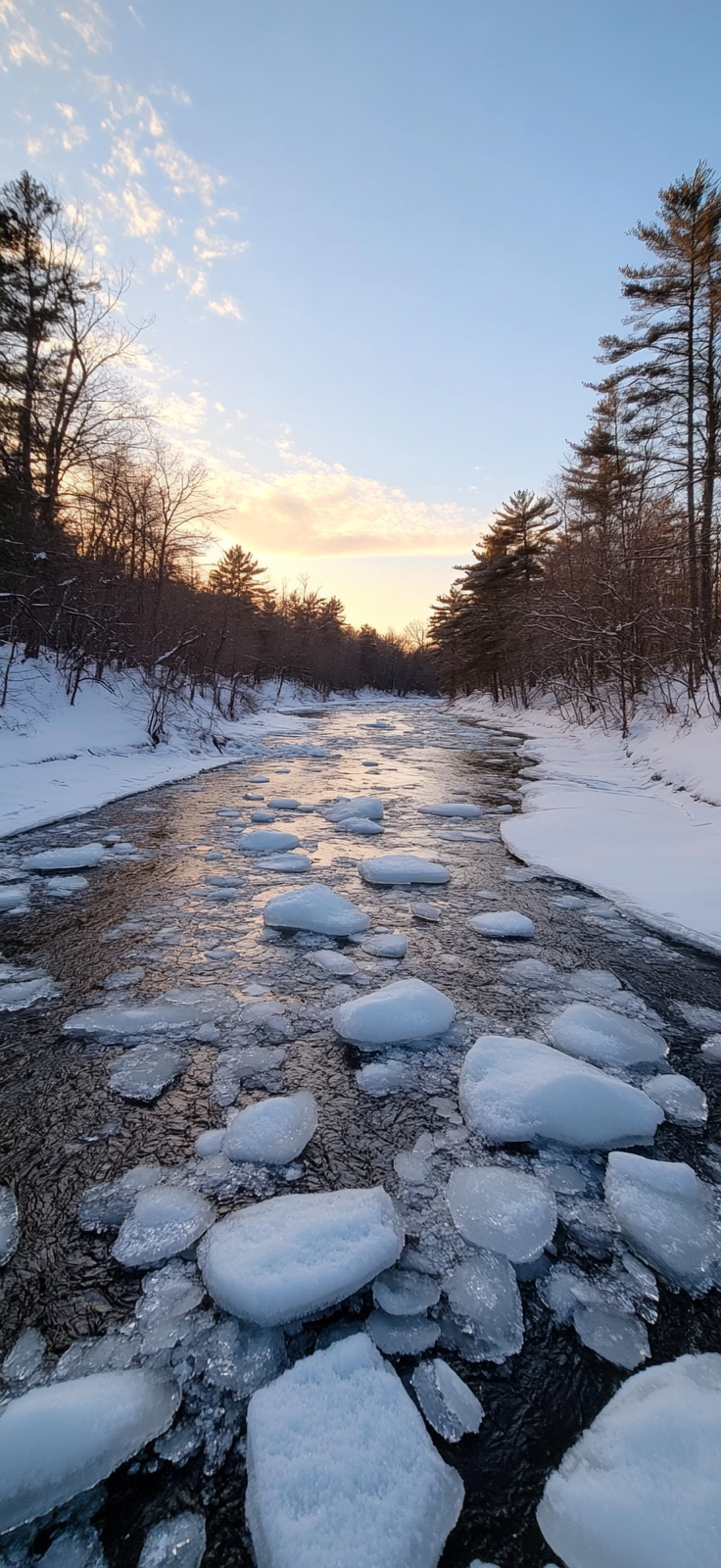 calm frozen river surrounded by snow