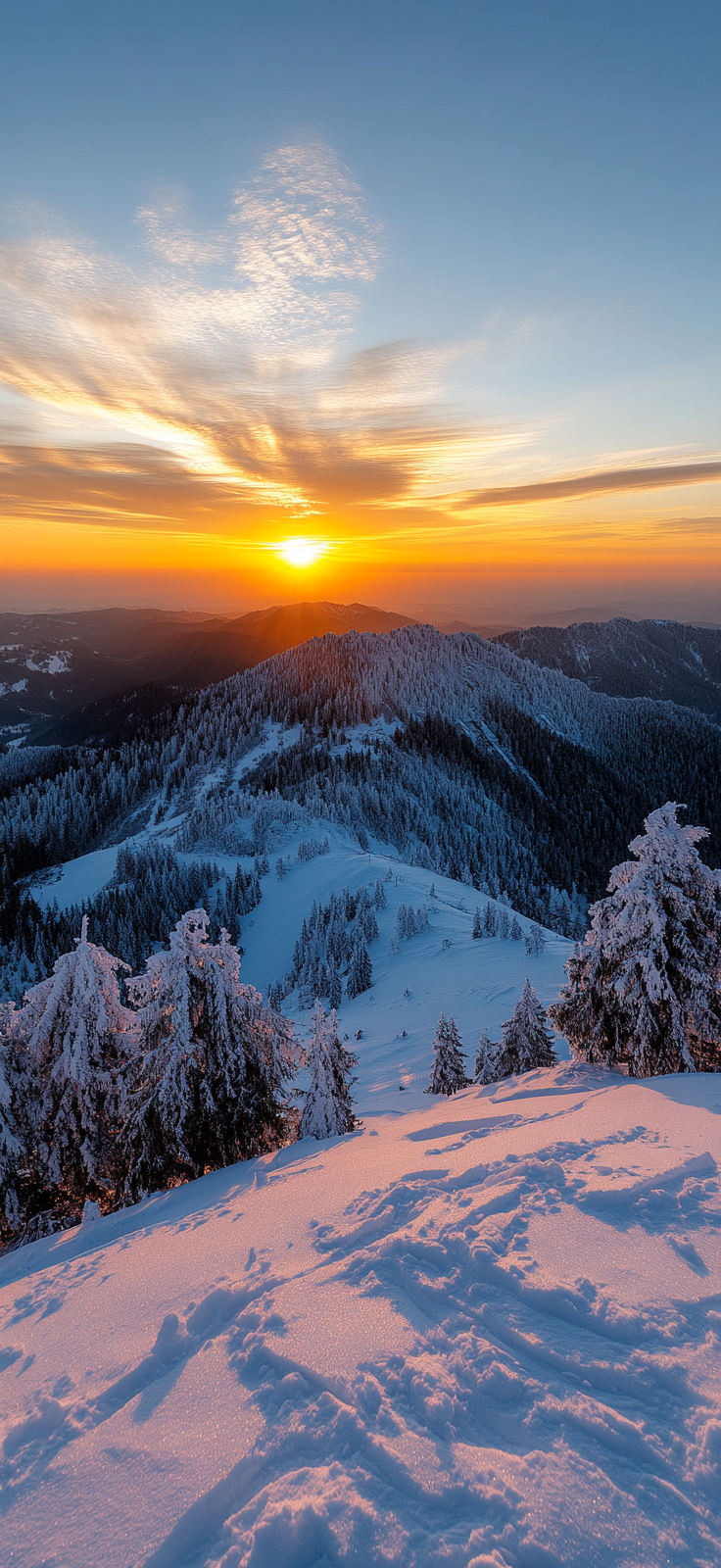 sunrise reflecting on snow in winter