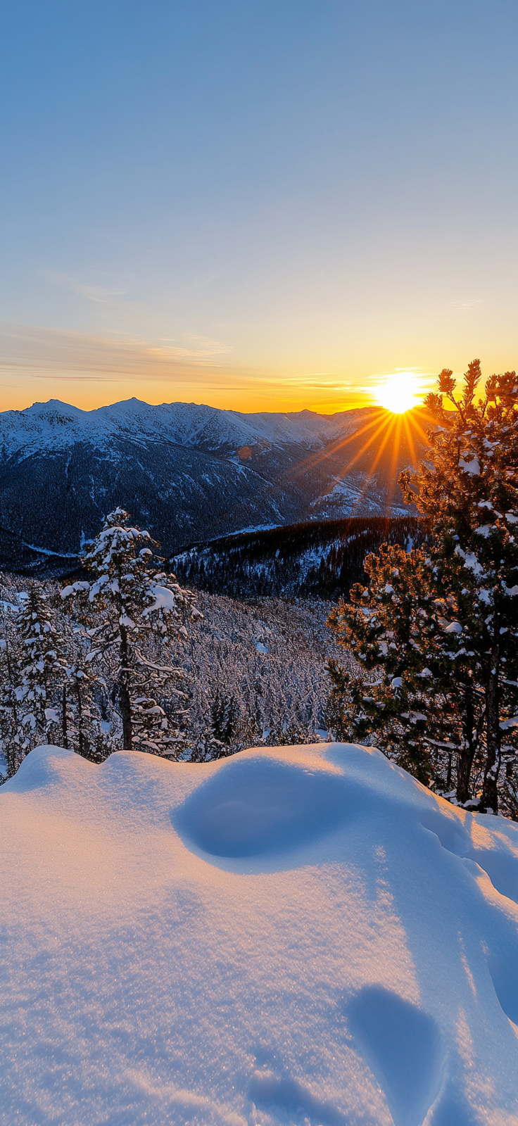 winter morning sunrise with glowing snow