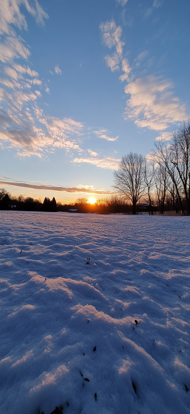 sunrise over a snow-covered countryside