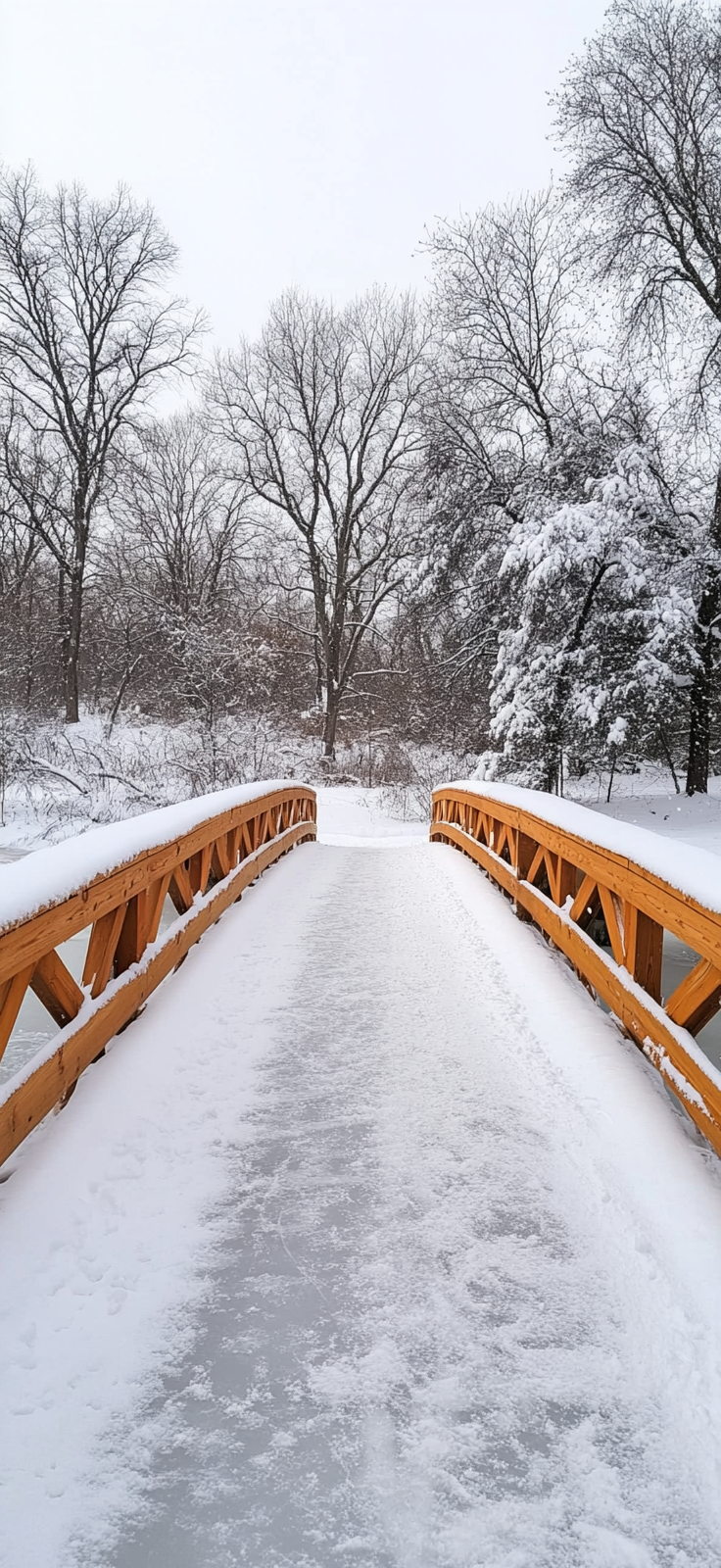 snow-covered stone bridge in winter