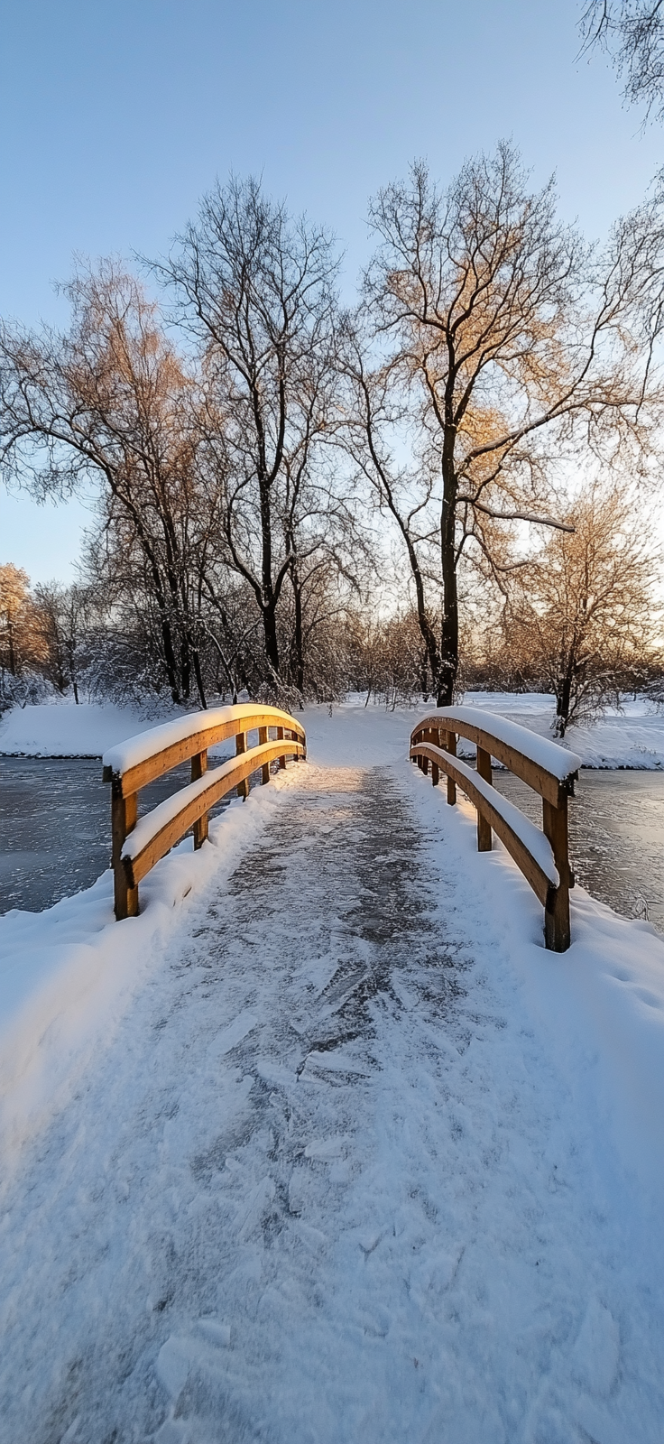 snowy wooden bridge over river