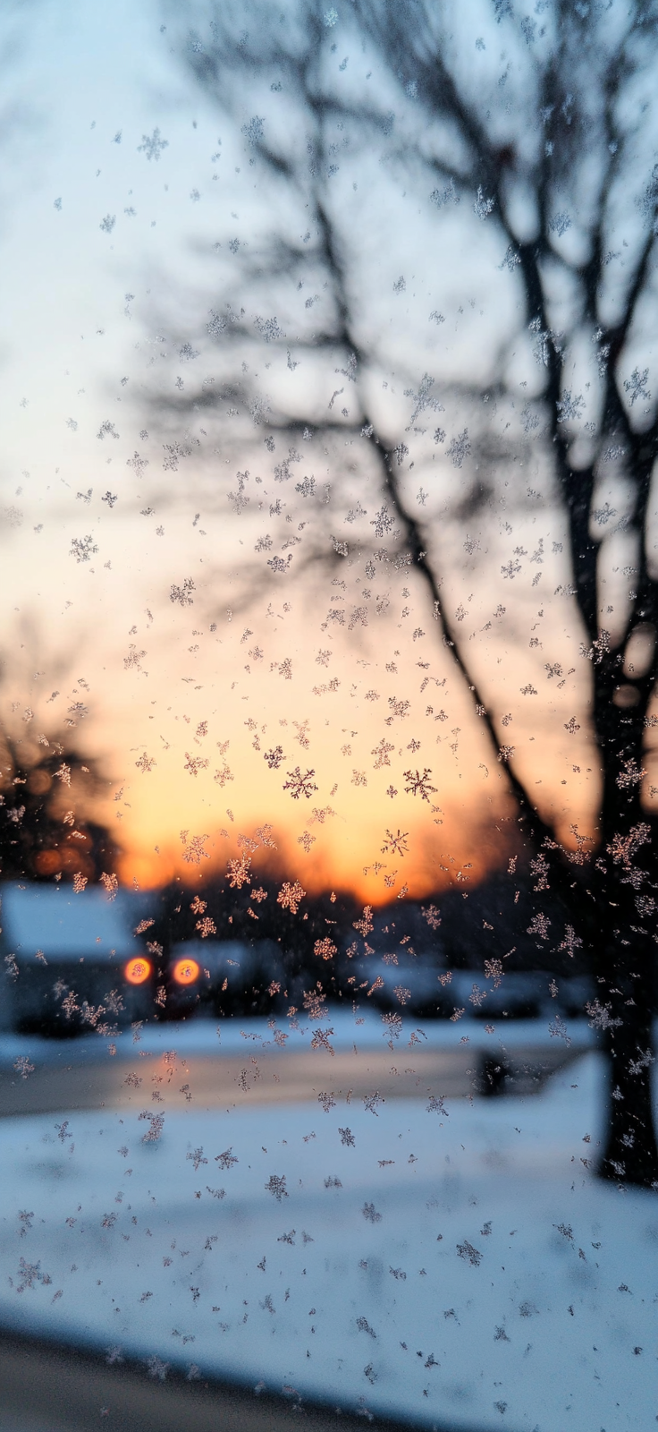 snowflakes landing on a frosted window