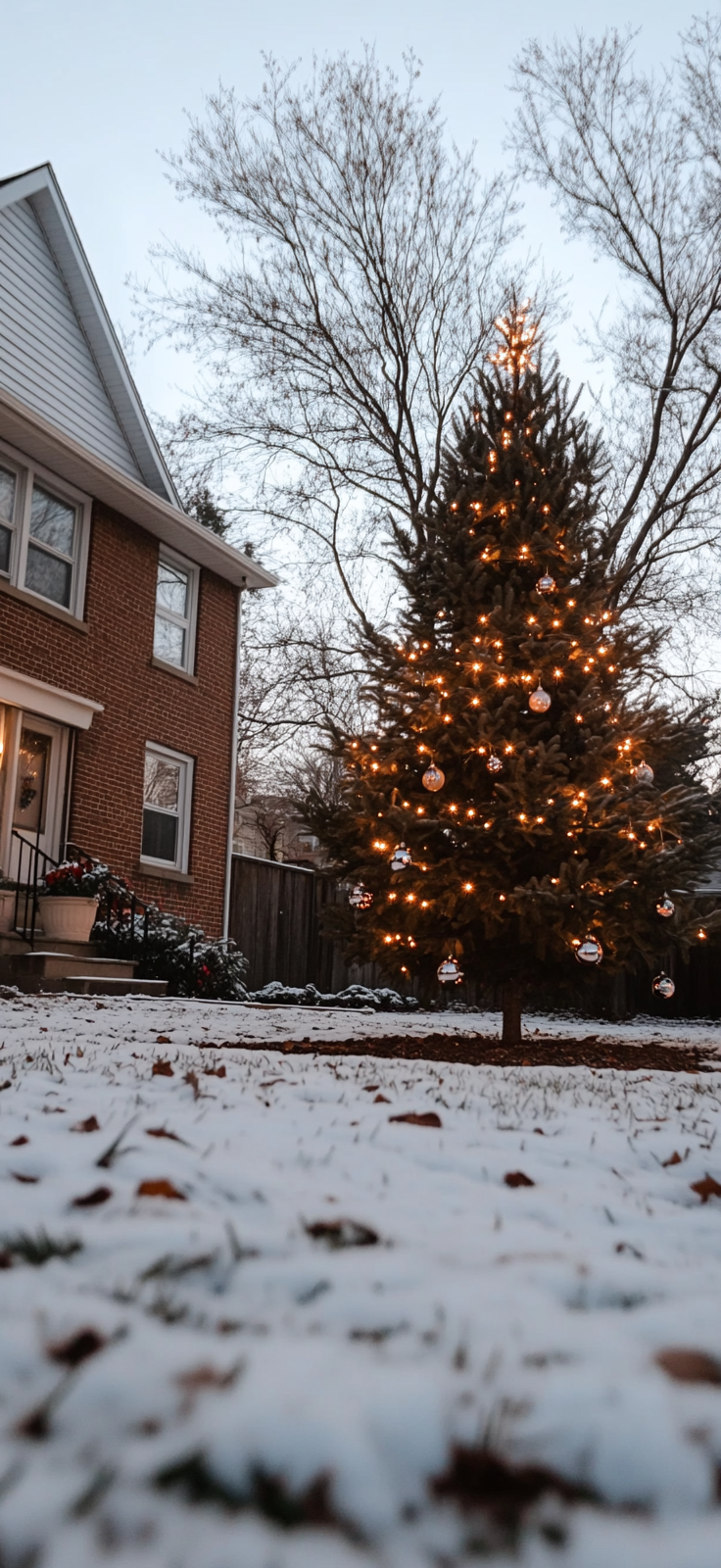 snow-covered Christmas tree with lights