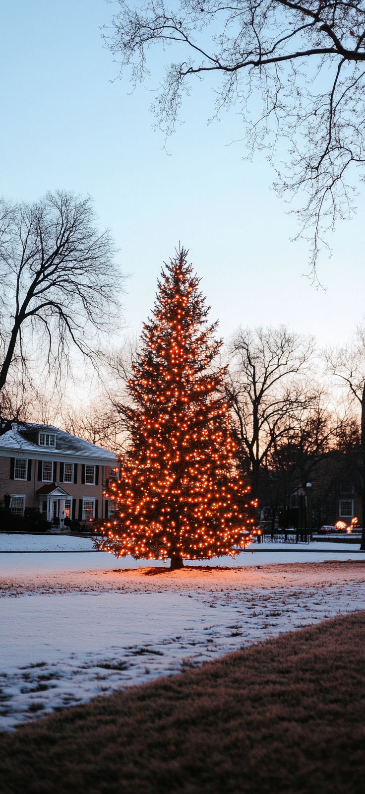 festive Christmas tree standing in a snow-covered yard