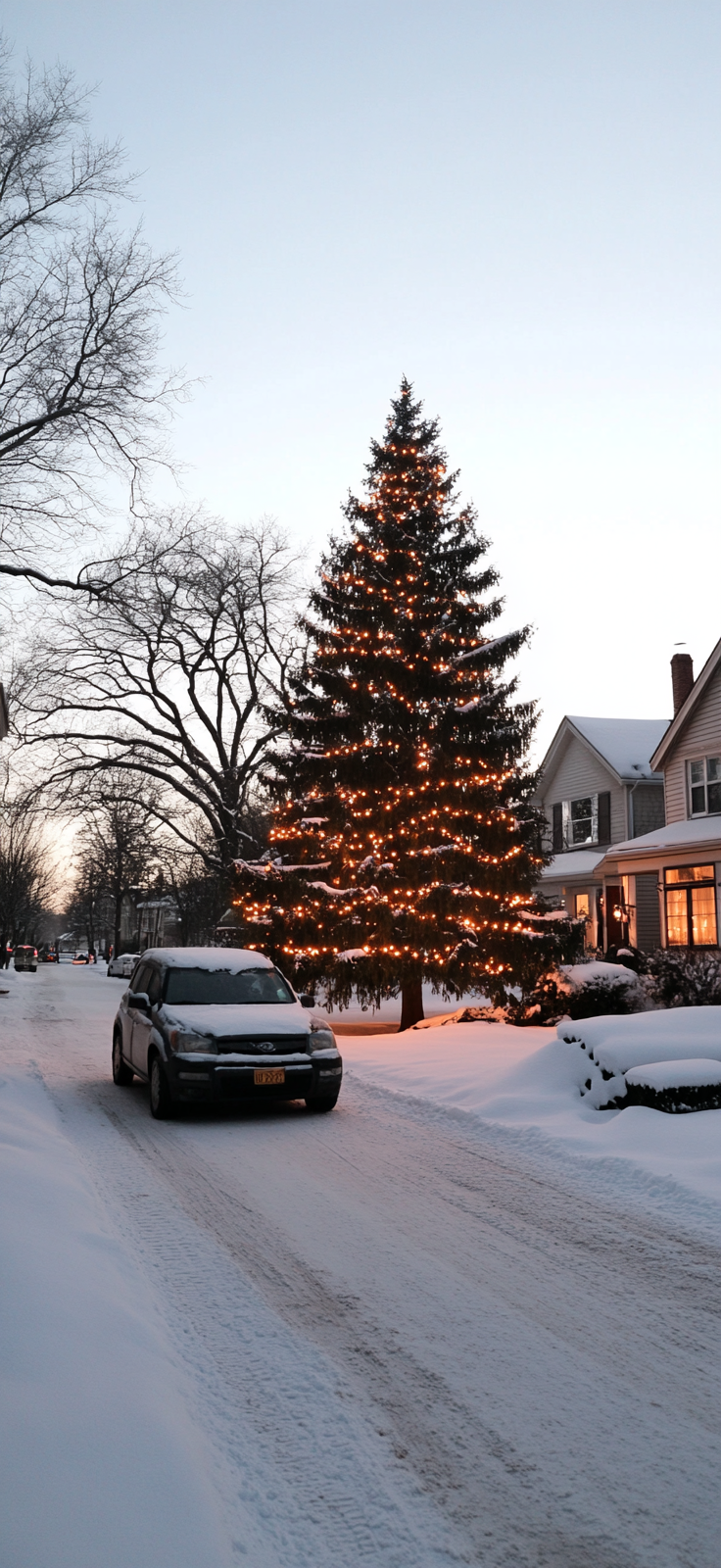 Christmas tree glowing with lights in the snow