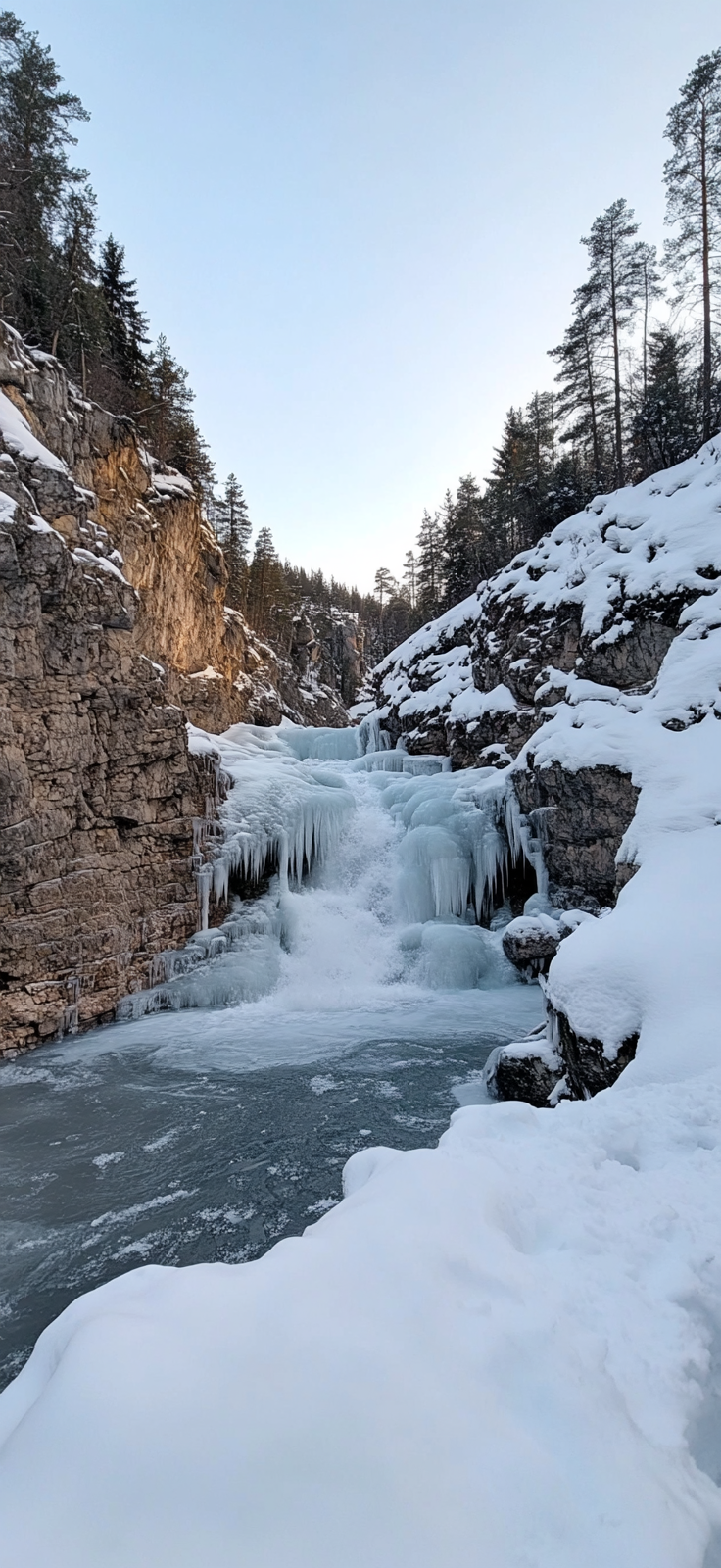 frozen waterfall surrounded by snow