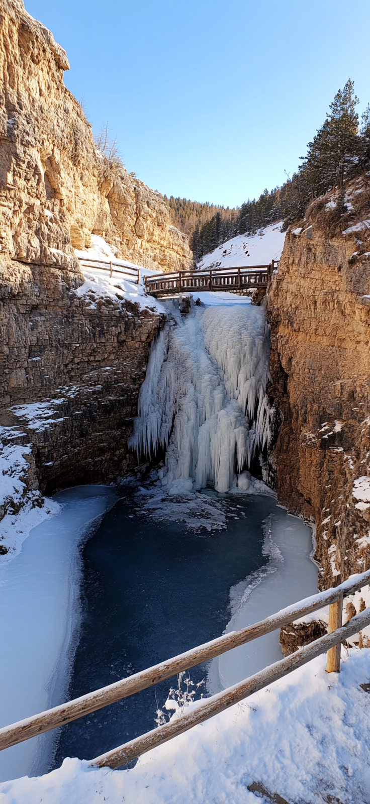 icy waterfall in serene winter setting