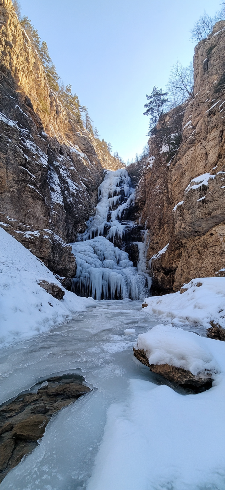 frozen waterfall with snow-covered trees
