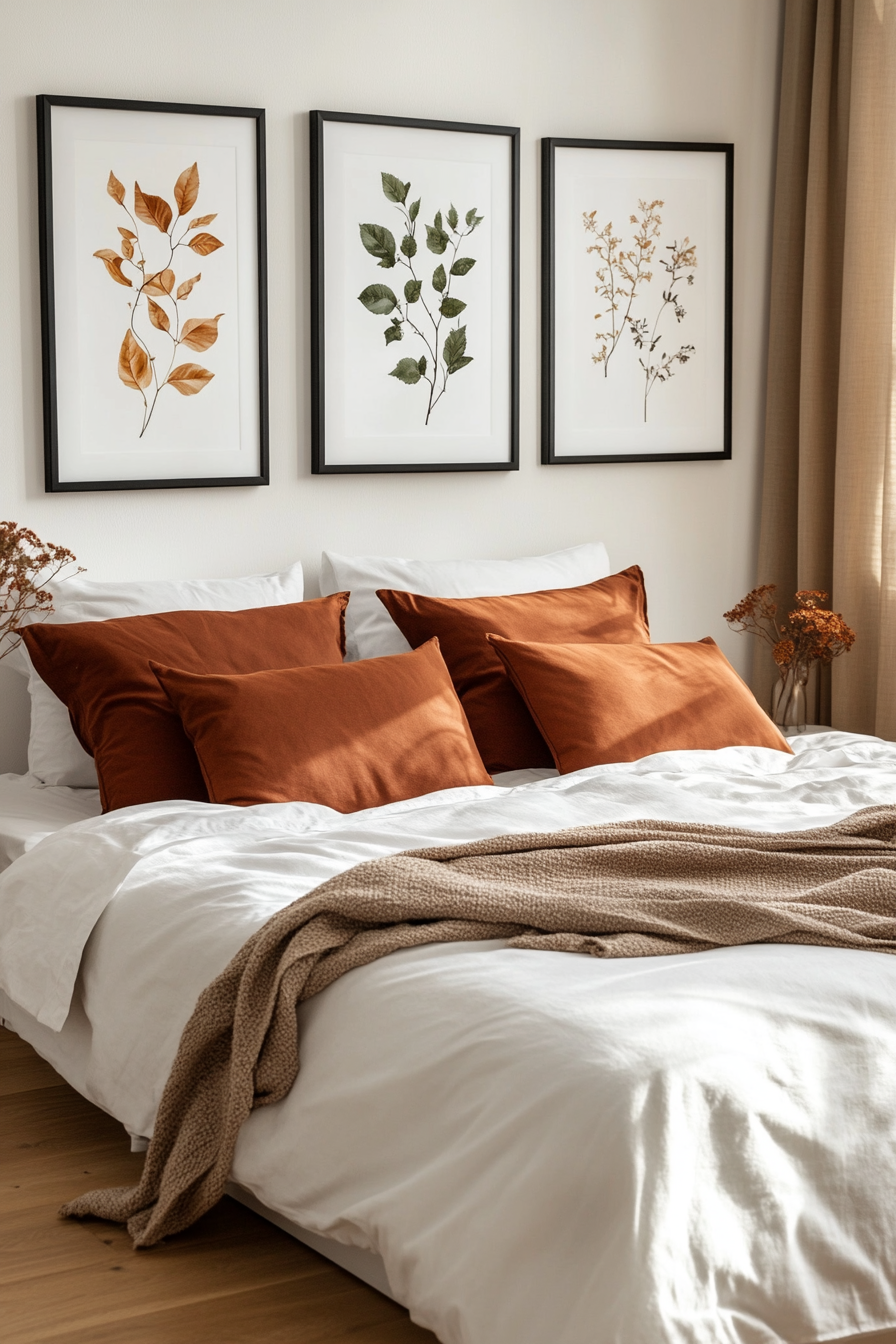 Vintage botanical prints above white headboard