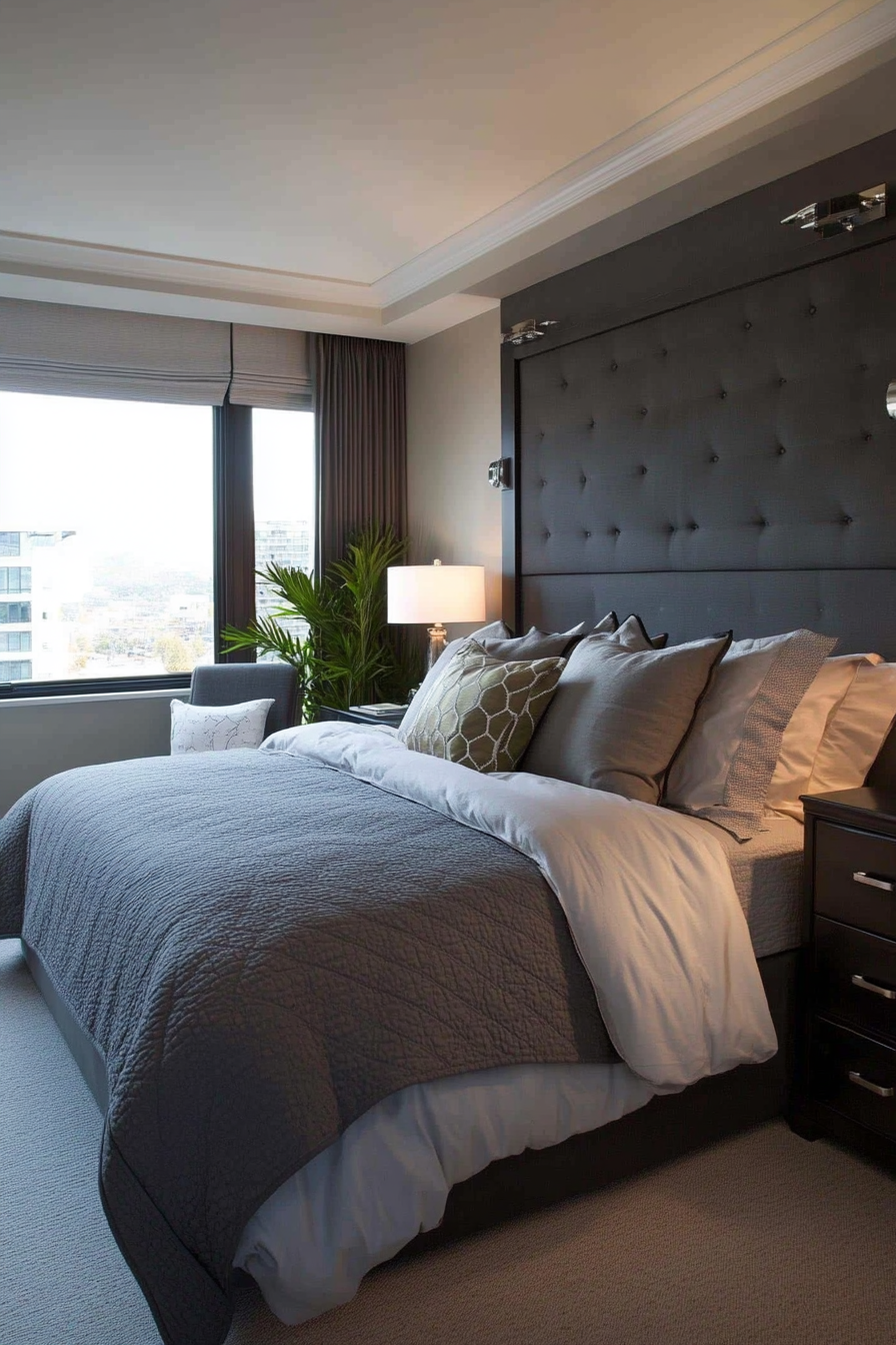 Monochromatic gray color scheme throughout the bedroom