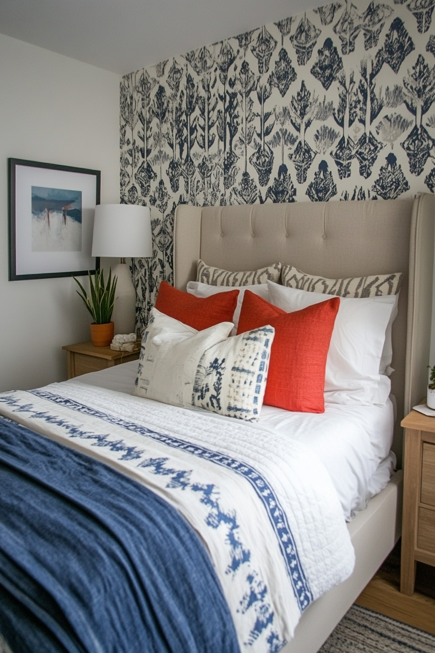Close-up of patterned wallpaper in a bedroom