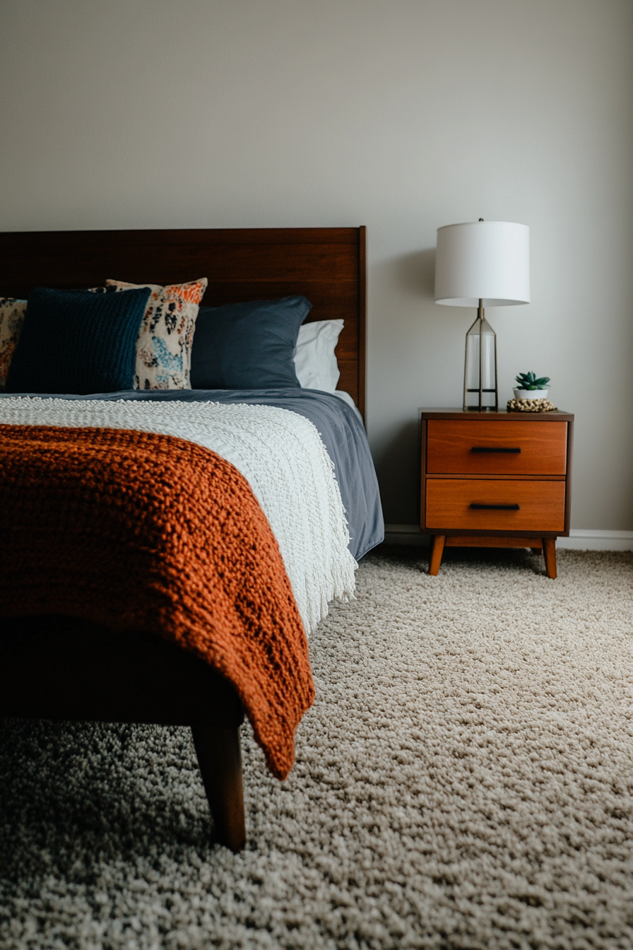 Close-up of jute rug under bed