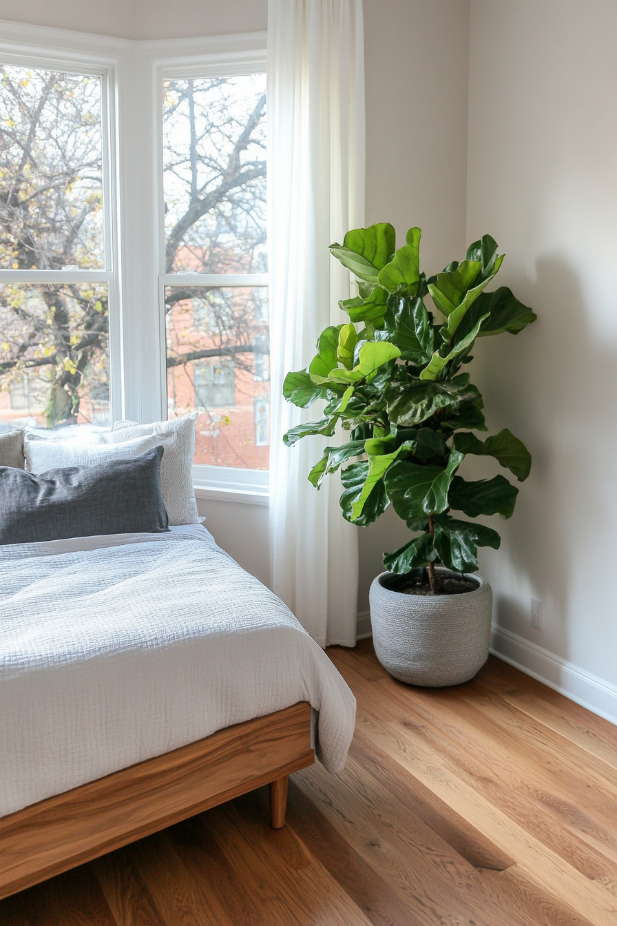 Close-up of fiddle leaf fig in a basket