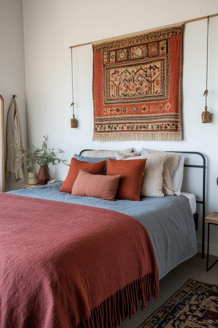Close-up of layered textile wall hangings