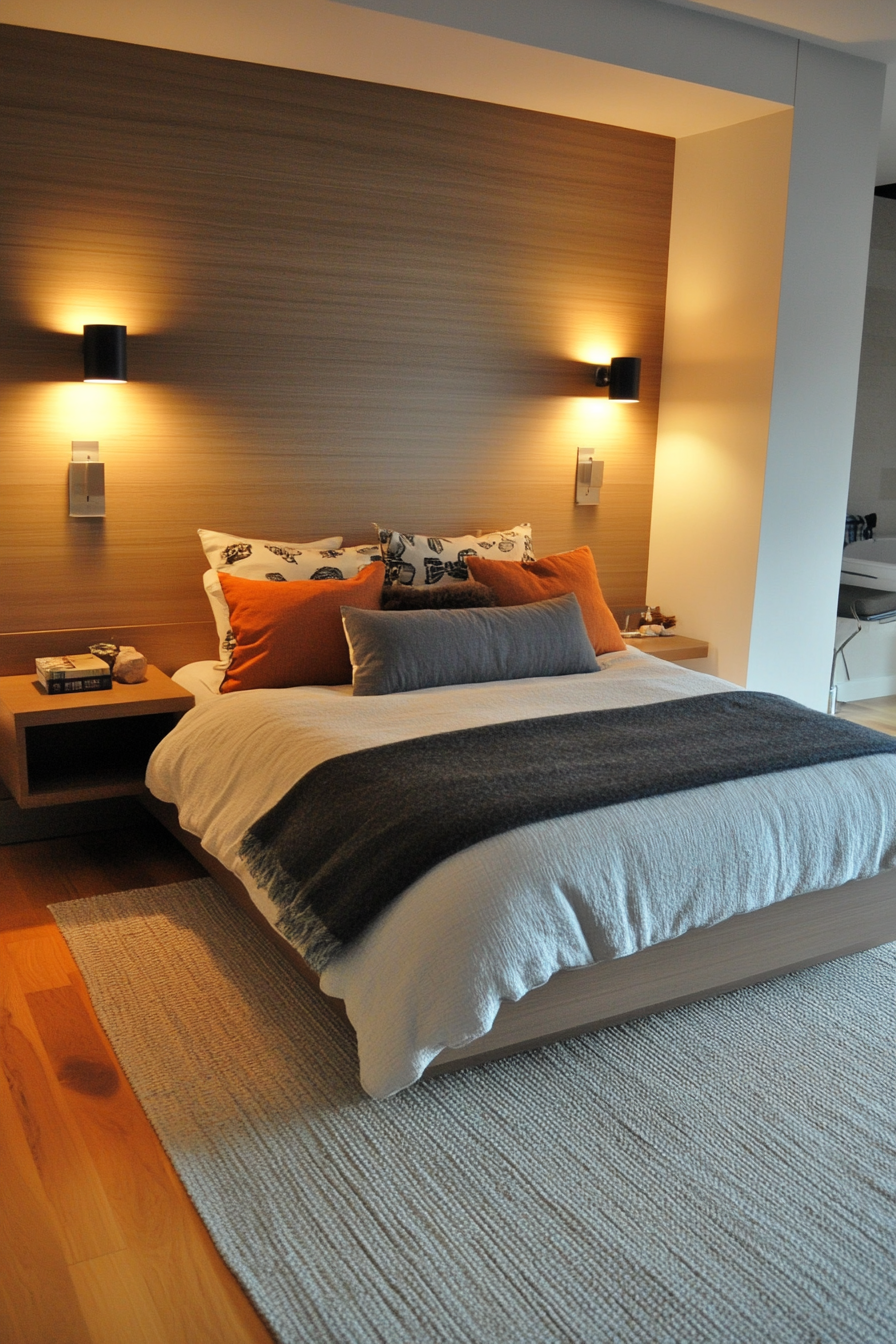 Modern sconces flanking bed sides