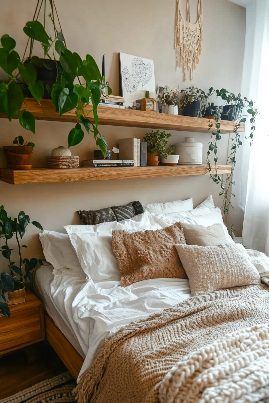 Floating shelves with cascading potted plants