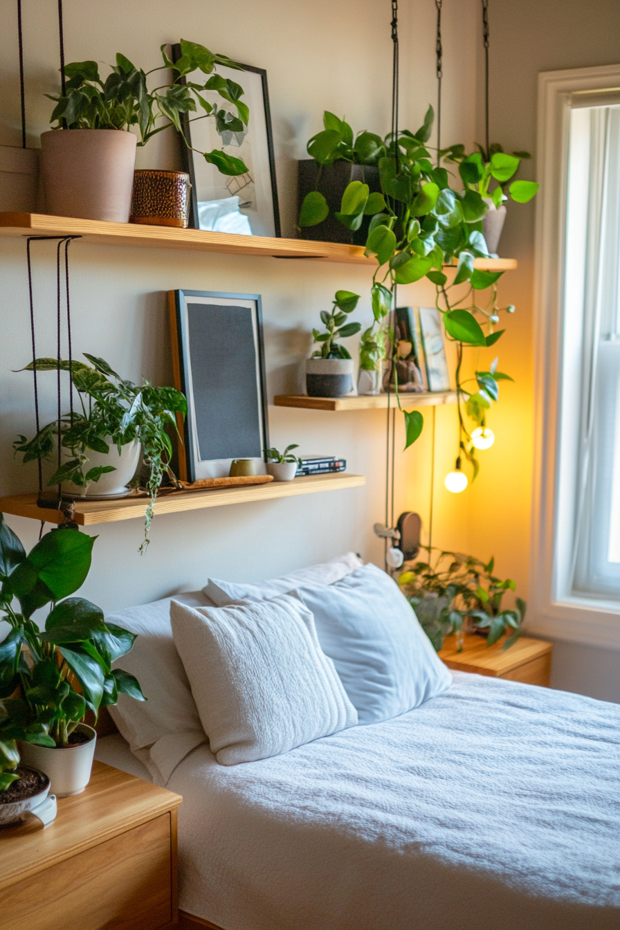 Cascading plants on floating shelves