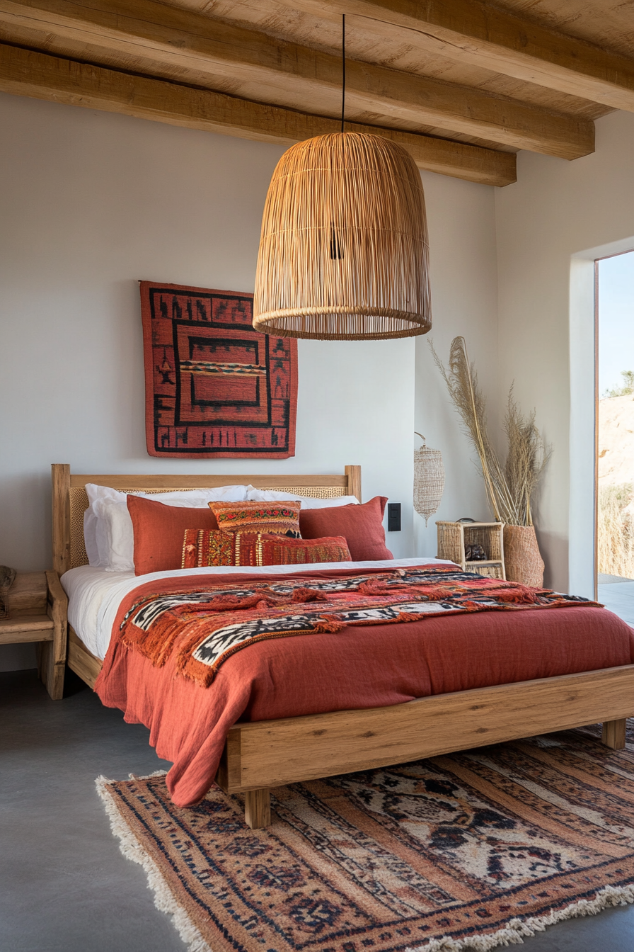 Woven rattan pendant light over bed