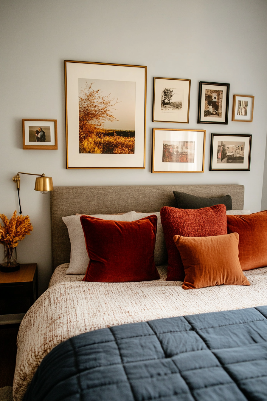 Asymmetrical gallery wall with gold frames