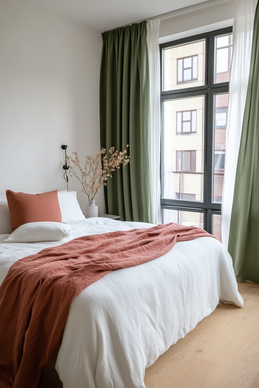Textured white bedding with sage accents