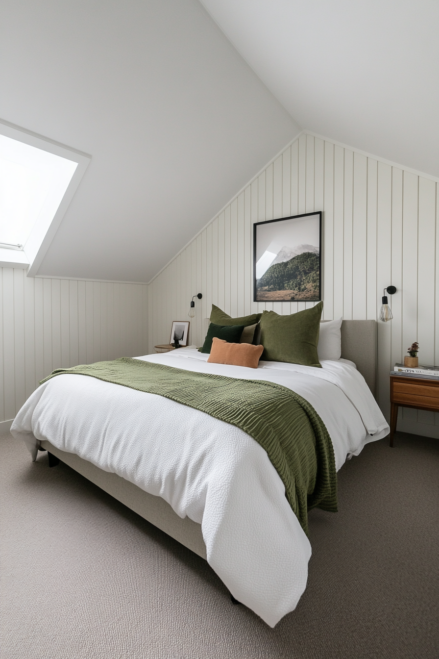 Close-up of textured white bedding with sage accents