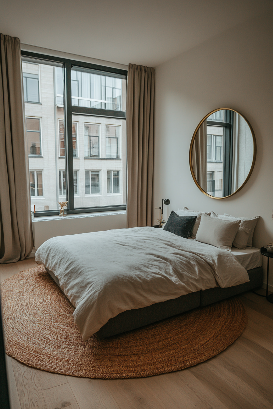 Close-up of round brass mirror in a bedroom