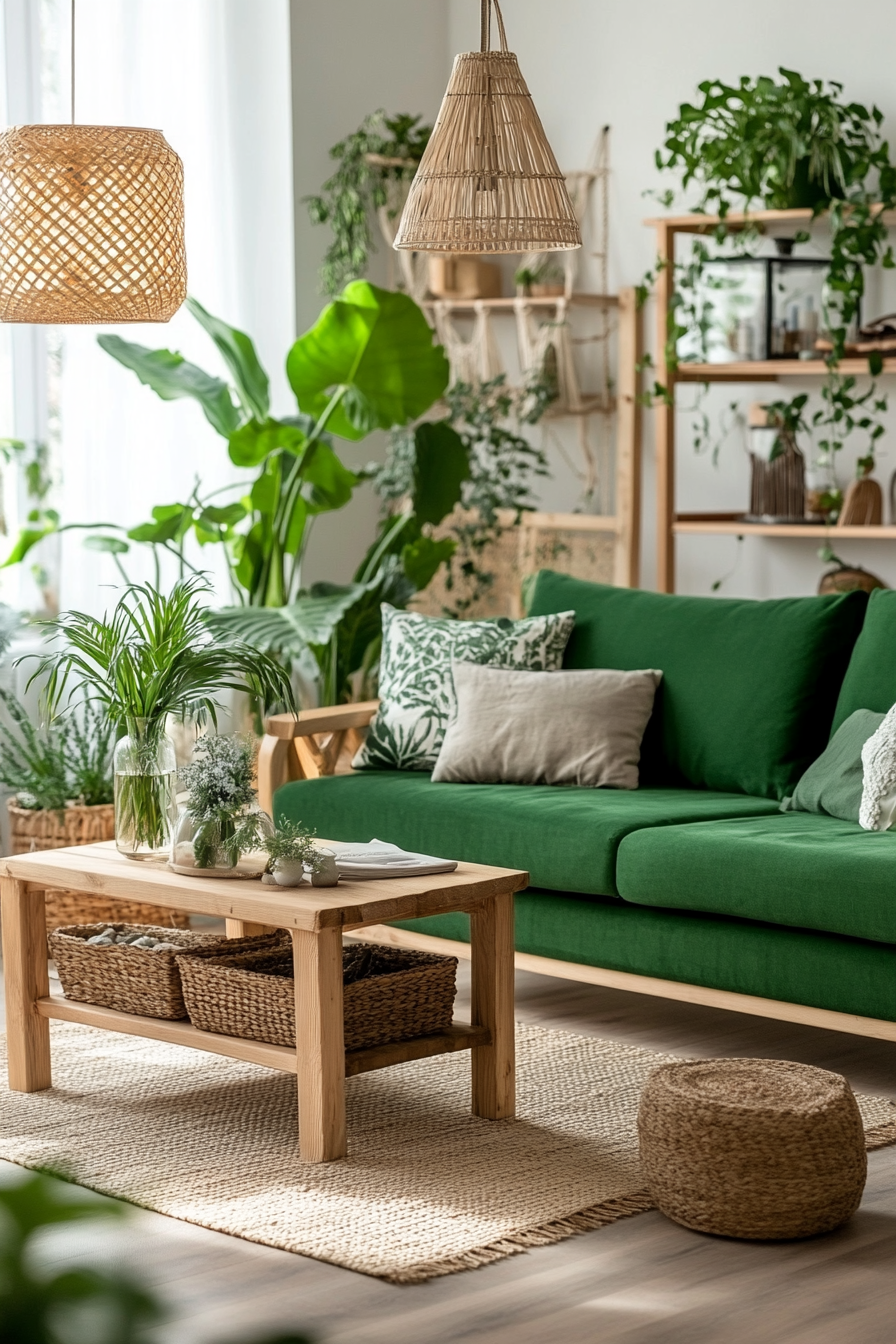 Leafy plants and earth tones in green rooms