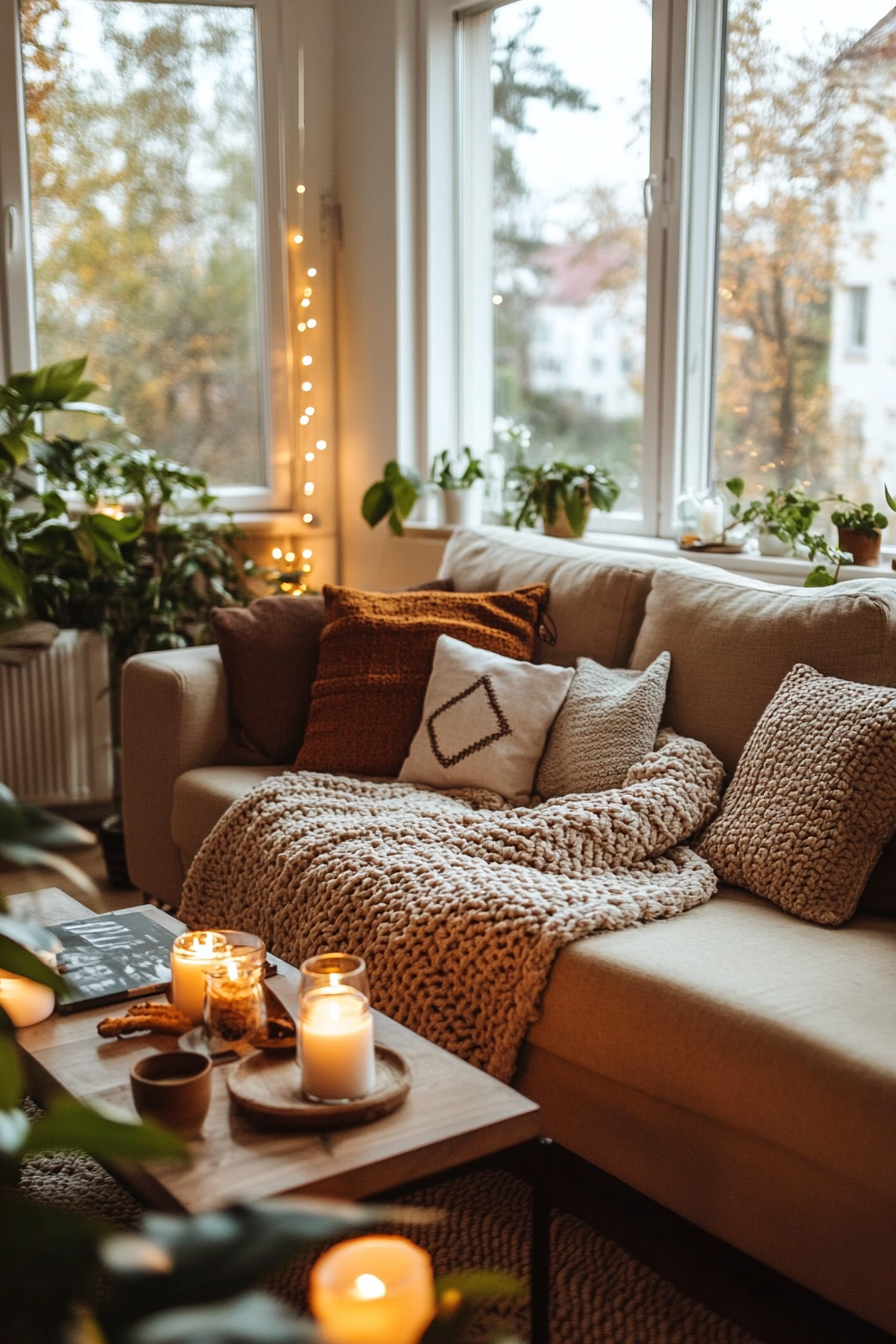 Soft textiles and warm lighting for a cozy living room